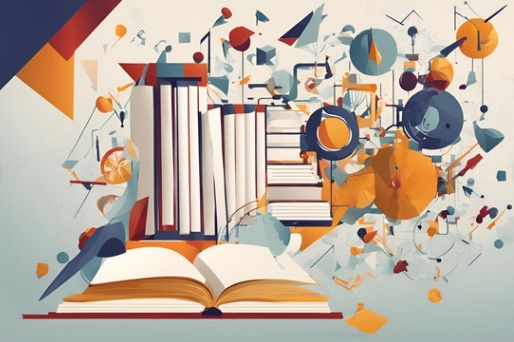 abstract image of books and shapes representing academia in blue, orange, and red.